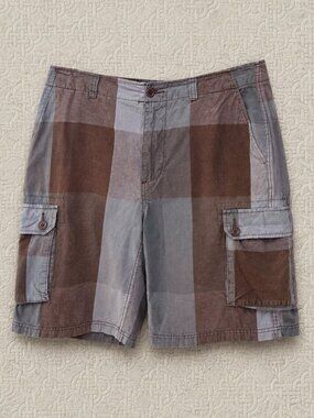 G&M Men's Plaid Brown/Gray Large Checker Cotton Cargo Shorts - 34